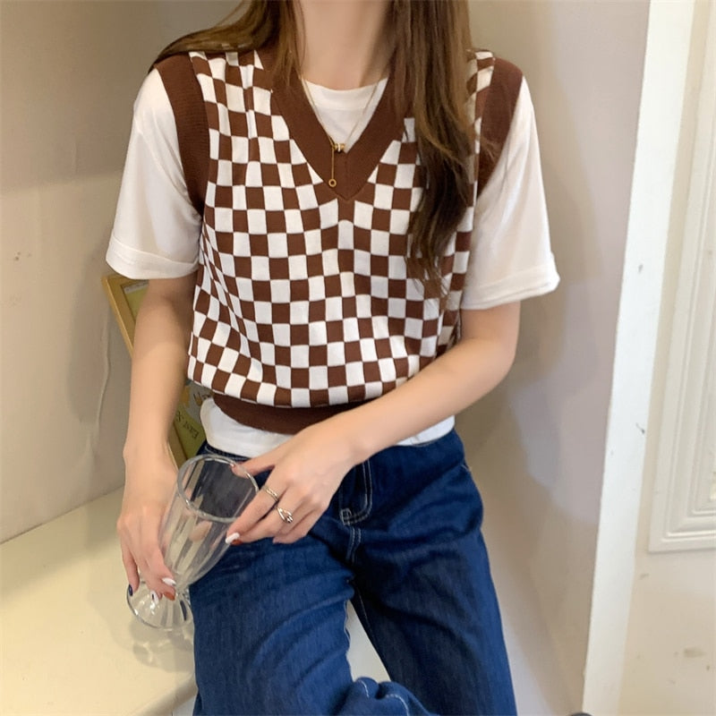 Checkerboard Plaid Sweater Vest For Women Vintage Print Knitted Mini Vest Casual Streetwear Harajuku Clothing Autumn Top