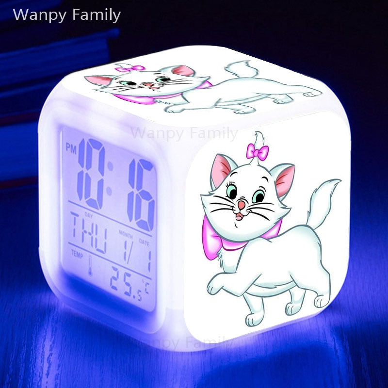 Cute Marie Cat Alarm Clock 7 Color Glowing LED Digital Clock Kids Room Touch Sensing Small Night Lamp Desk Clock Gift For Child