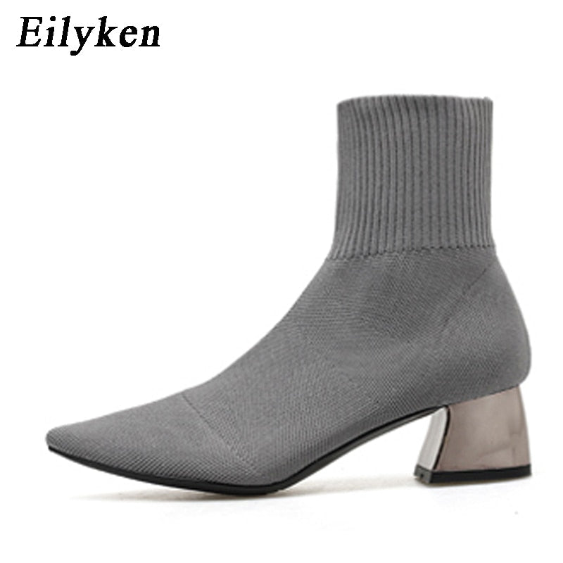 EilyKen 2022 Autumn Winter Knitted Stretch Fabric Socks Women Boots Low Heel Short Boots Gray Pointed Toe Female Ankle Booties