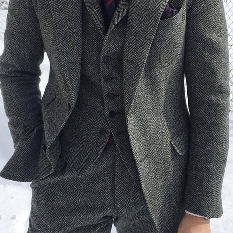 Gray Wool Tweed Men Suits For Winter Wedding Formal Groom Tuxedo 3 Piece Herringbone Male Fashion Set Jacket Vest with Pants