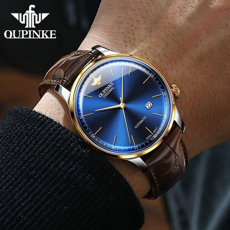 OUPINKE Original Mechanical Watches for Men Luxury Real Diamond Sapphire Crystal Roman Numerals Business Dress Style Wrist Watch