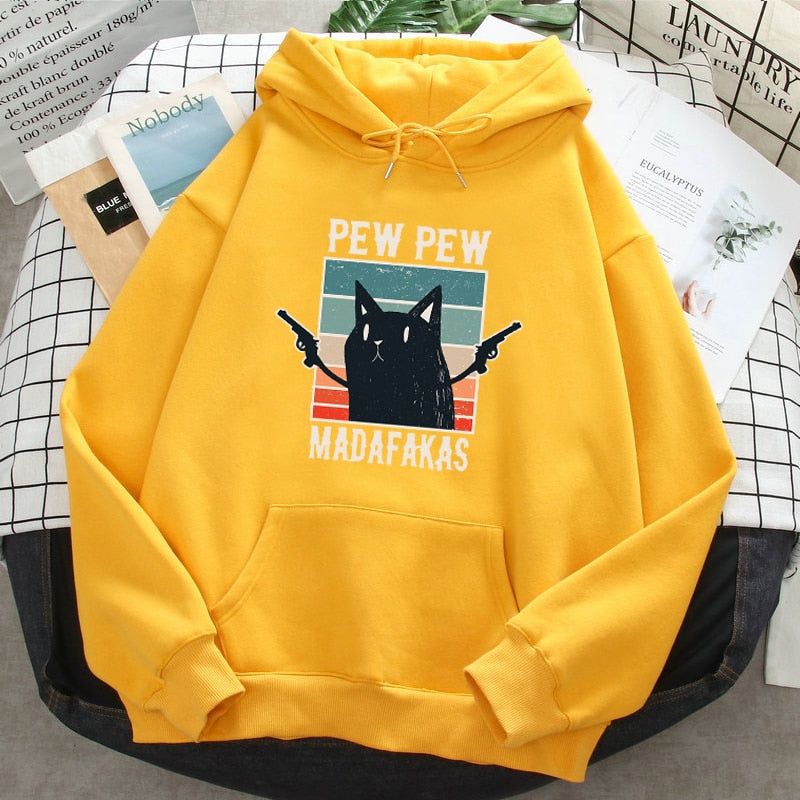 Pew Pew Madafakas Black Cat Funny Print Mens Hoodie Harajuku Ullzang Streetwear Anime Sweatshirt Warm Casual Oversized Hoody