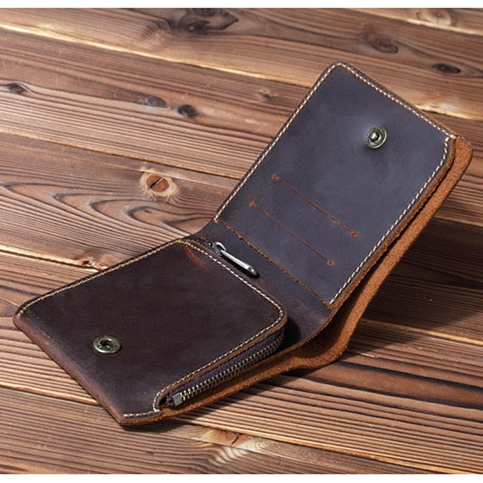 Retro Handmade Genuine Leather Men Wallets with Zipper Coin Pocket Wallet Male Personalised Portomonee Man