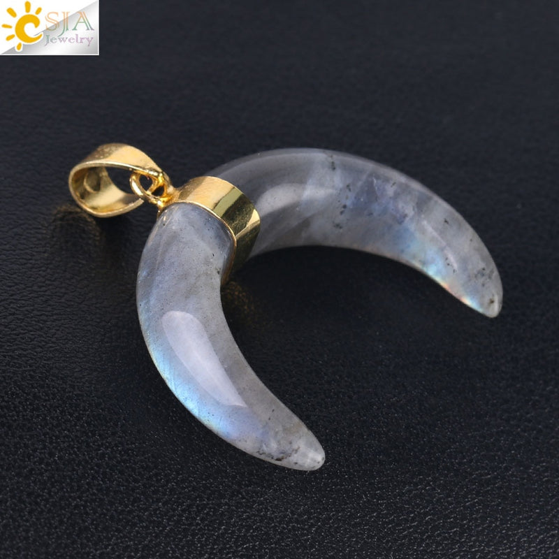 CSJA Natural Stones Crescent Moon Necklaces Pendants Purple Crystal Pink Quartz White Stone Gold Color Reiki Women F306