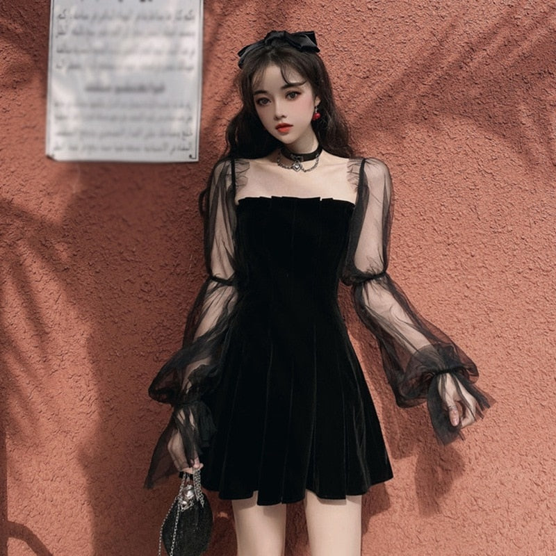 Fashion Mesh Stitching Bubble Sleeve Dresses Women Spring &Autumn Strapless Waist Puffy Dress Black