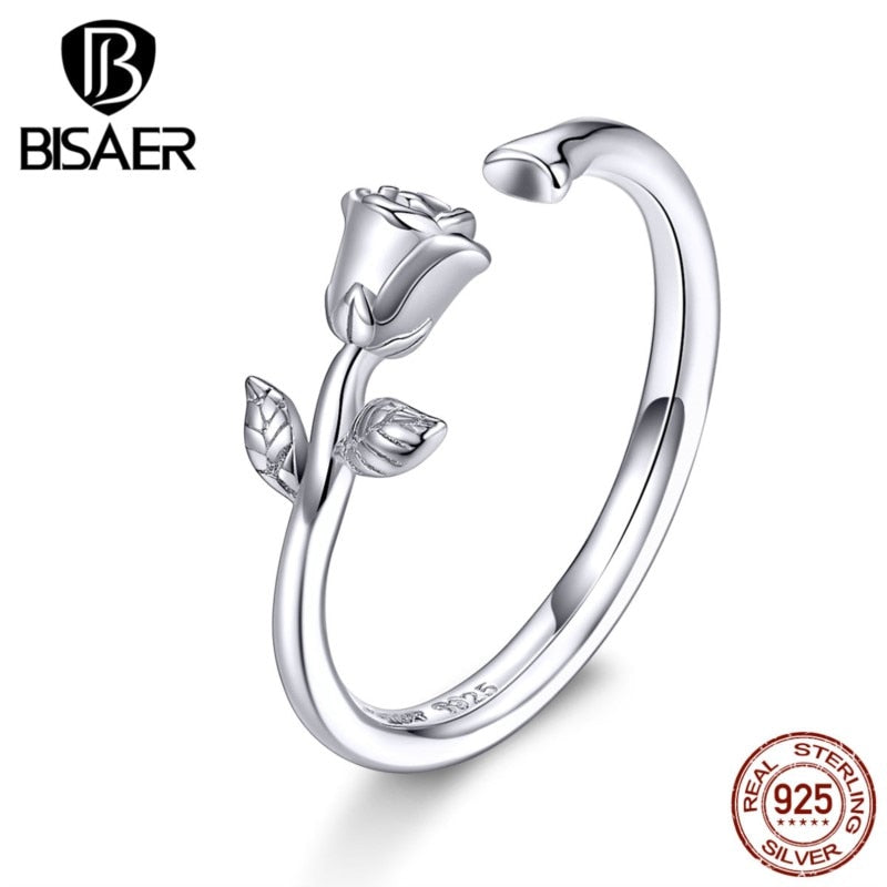 BISAER 925 Sterling Silver Rose Flowers Open Size Rings For Women Finger Sterling Silver Rings Jewelry Anel EFR065