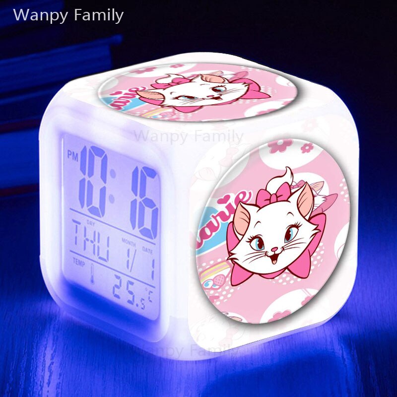 Cute Marie Cat Alarm Clock 7 Color Glowing LED Digital Clock Kids Room Touch Sensing Small Night Lamp Desk Clock Gift For Child