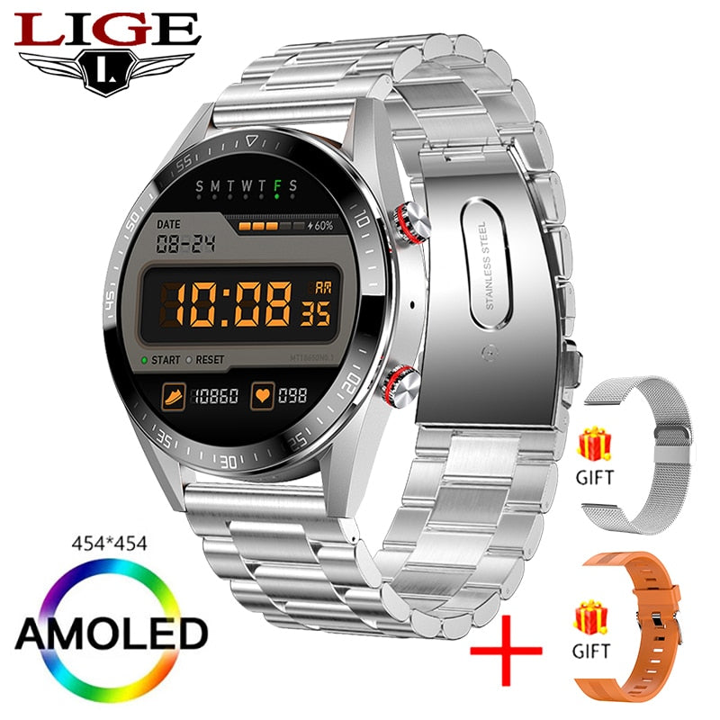 LIGE New 454*454 Screen Smart Watch Always Display The Time Bluetooth Call Local Music Smartwatch For Mens Android TWS Earphones