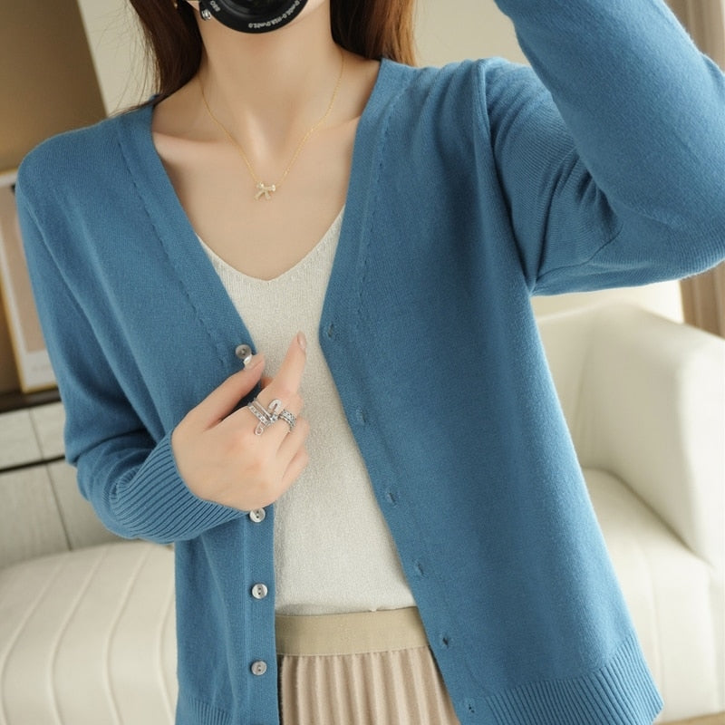 Spring Autumn New V-Neck Knitted Cardigan Women's Loose Large Size Thin Sweater All-Match Jacket Pure Color Basic Small Cardigan