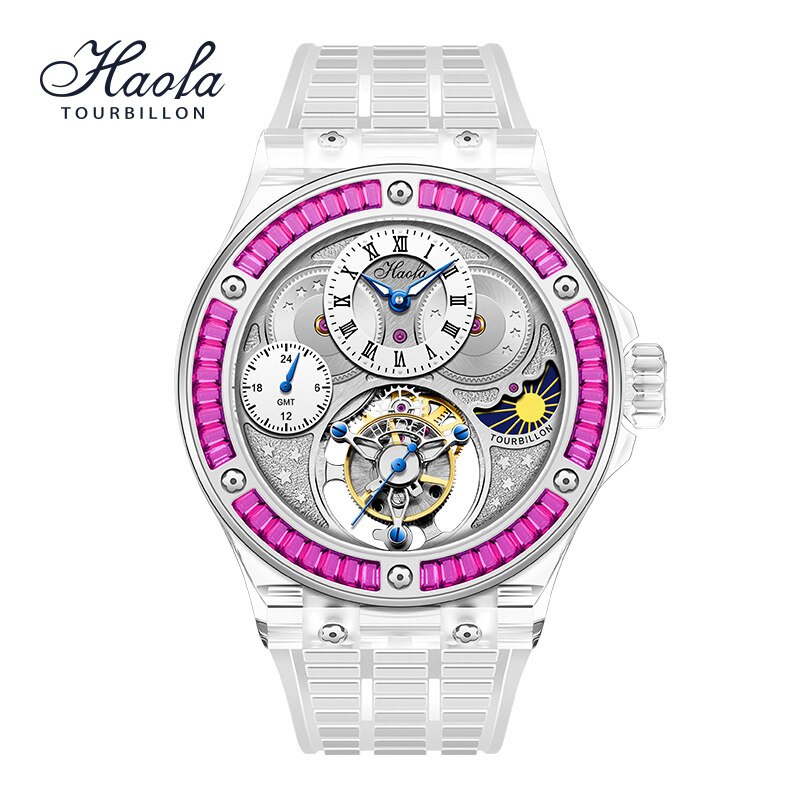 Haofa GMT Tourbillon Movement Watch Men K9 Crystal Sapphire Mechanical Manual Flying Tourbillon Wristwatches Luxury Waterproof