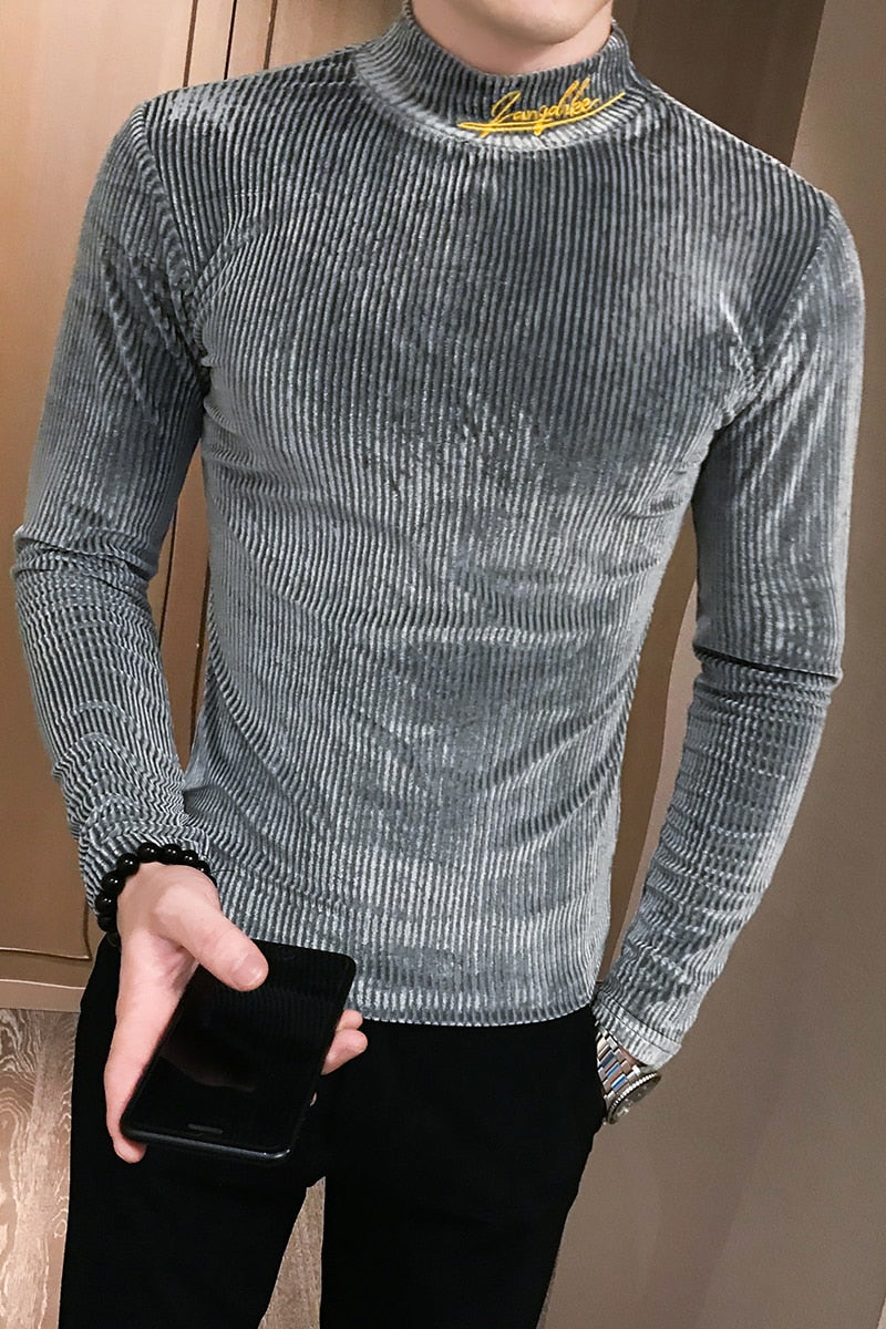 British Style Men T Shirt Autumn New Knitted T-Shirts Mens Long Sleeve Streetwear Slim Fit Casual Turtleneck Bottom Tees Shirts