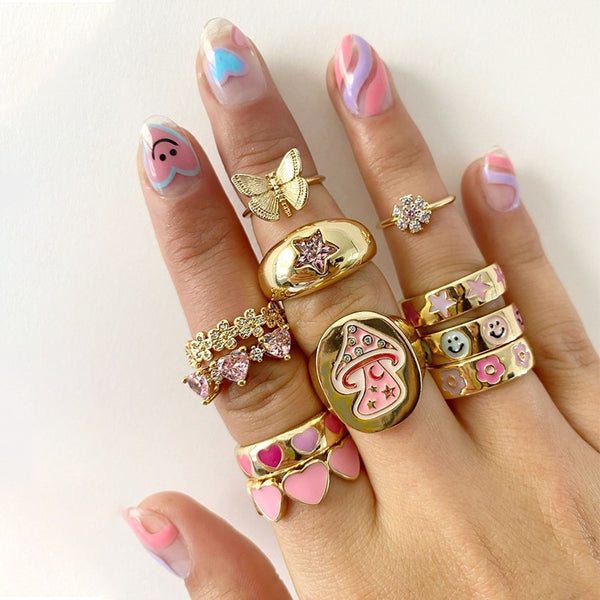 Korean Charms Smiley Heart Flower Rings for Women Metal Star Butterfly Harajuku Vintage Letter Rings Y2k Jewelry 90s Aesthetic