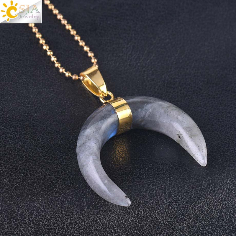 CSJA Natural Stones Crescent Moon Necklaces Pendants Purple Crystal Pink Quartz White Stone Gold Color Reiki Women F306