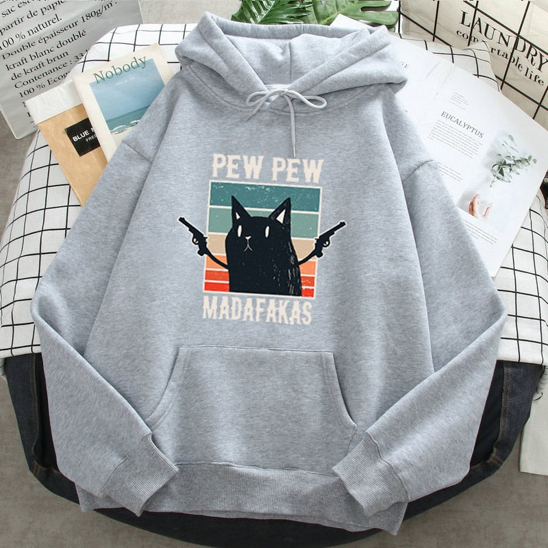 Pew Pew Madafakas Black Cat Funny Print Mens Hoodie Harajuku Ullzang Streetwear Anime Sweatshirt Warm Casual Oversized Hoody