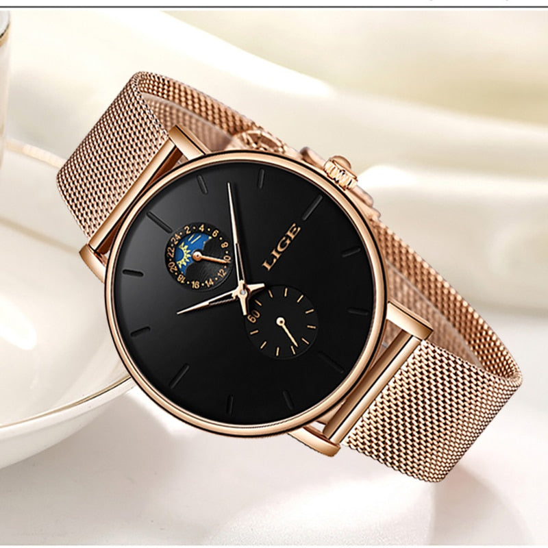 LIGE Top Brand Luxury Watch For Womens Fashion Ladies Casual Watches Steel Waterproof Quartz Wrist Watch Gift Clock Montre Femme