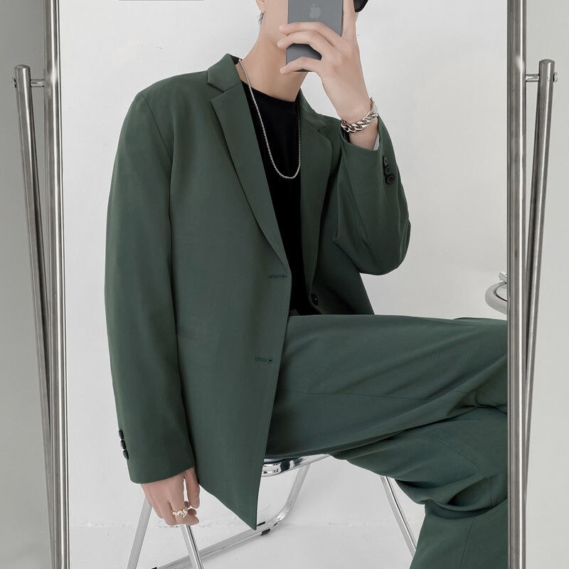 IEFB Men's Suit Two Pieces Set Simple Light Mature Loose Long Sleeve Suit Coat + Suit Pants Green High Quality New 2022 9Y8066