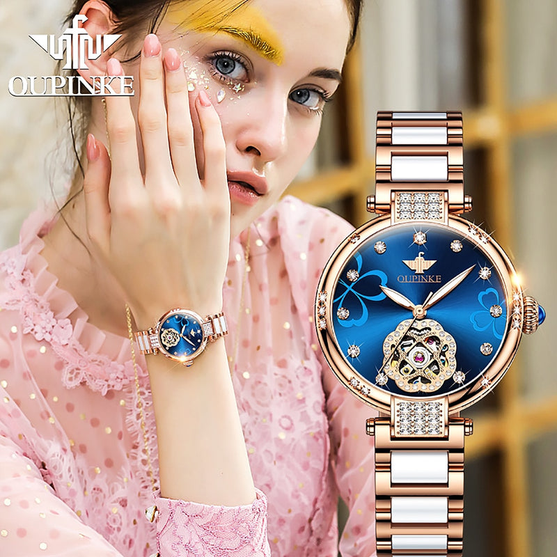 OUPINKE Top Luxury Brand Automatic Mechanical Women Watch Tungsten Steel Watchstrap Waterproof Gift Automatic Watches Women 3183