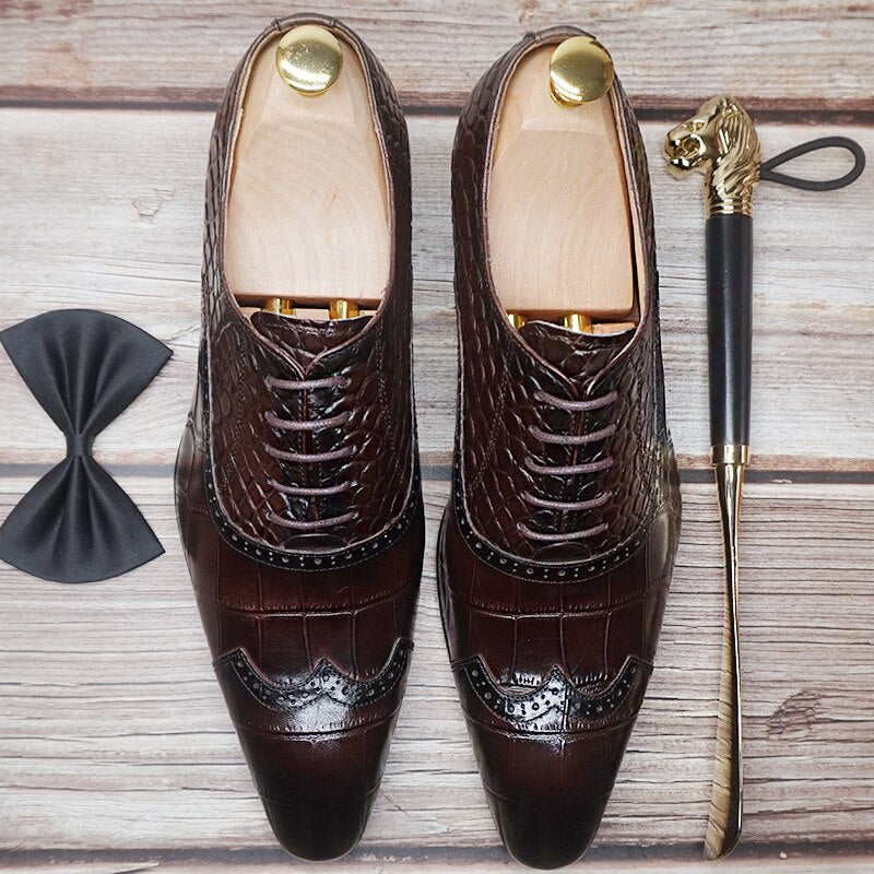 Elegant Men's Leather Shoes Lace up Cap Toe Brown Black Crocodile Prints Dress Formal Shoes Wedding Office Oxford Shoes For Men