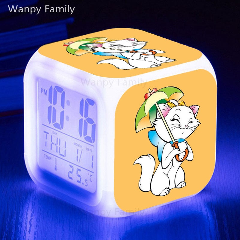 Cute Marie Cat Alarm Clock 7 Color Glowing LED Digital Clock Kids Room Touch Sensing Small Night Lamp Desk Clock Gift For Child