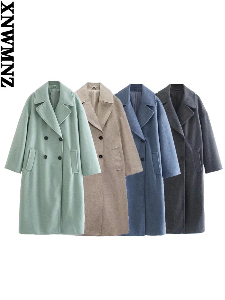 XNWMNZ women double breasted loose woolen coat lapel collar long sleeves Solid Women's Casual oversize coat Autumn Winter