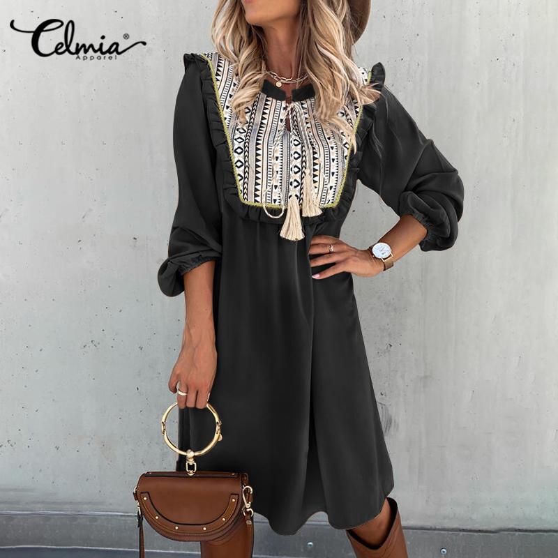 Celmia Vintage Printed Women's Dress 2022 Spring Long Sleeve Ruffles Sundress Casual Patchwork Lace-up Bohemian Party Vestidos