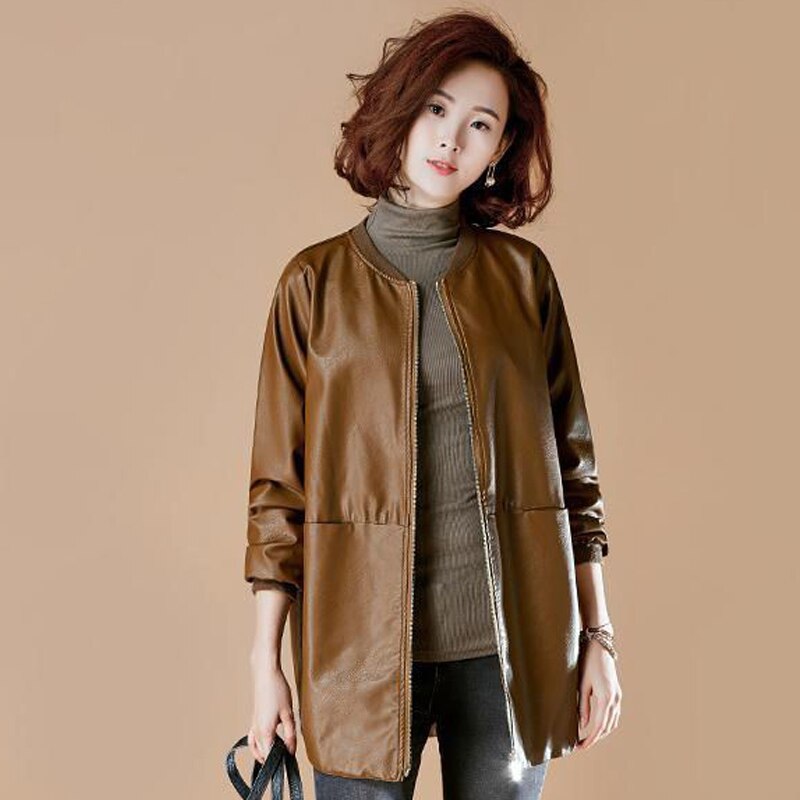 O-Neck Spring Woman's Pu Leather Jackets Long Sleeve Casual Ladies Faux Leather Coats Basic  Female Jacket with Pockets