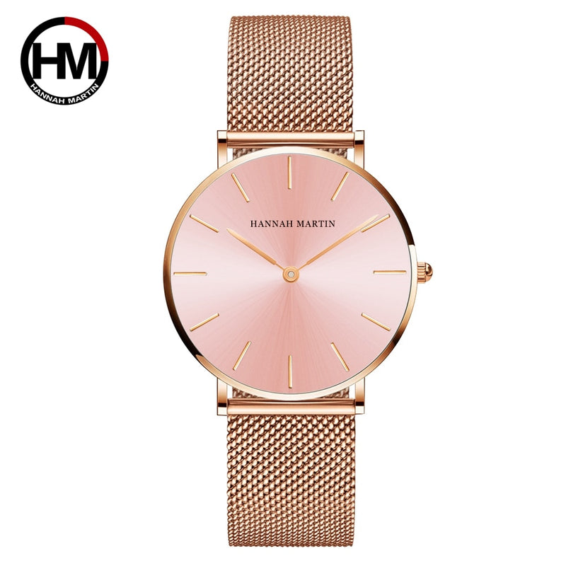 Japan Quartz Movement High Quality 36mm Hannah Martin Women Stainless Steel Mesh Rose Gold Waterproof Ladies Watch Dropshipping