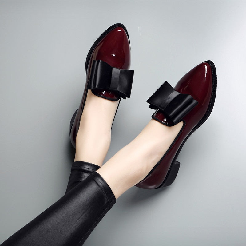 Spring Flats Women Shoes Bowtie Loafers Patent Leather Women's Low Heels Slip On Footwear Female Pointed Toe Thick Heel