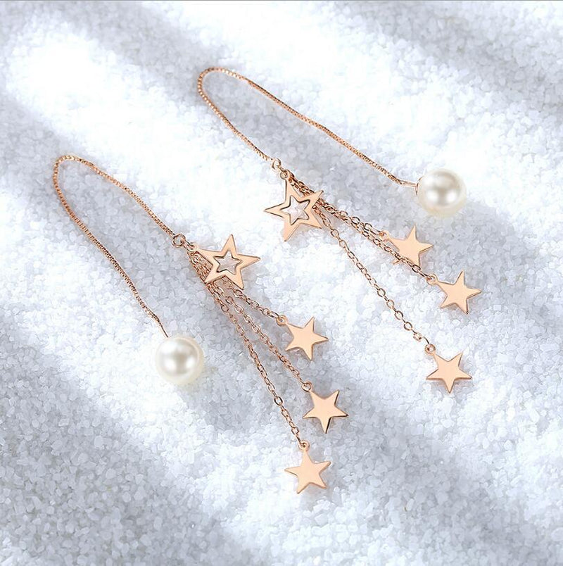 Fashion Genuine 925 Sterling Silver Line Wave Stars Chain Drop Earrings for Women Sterling Silver Jewelry