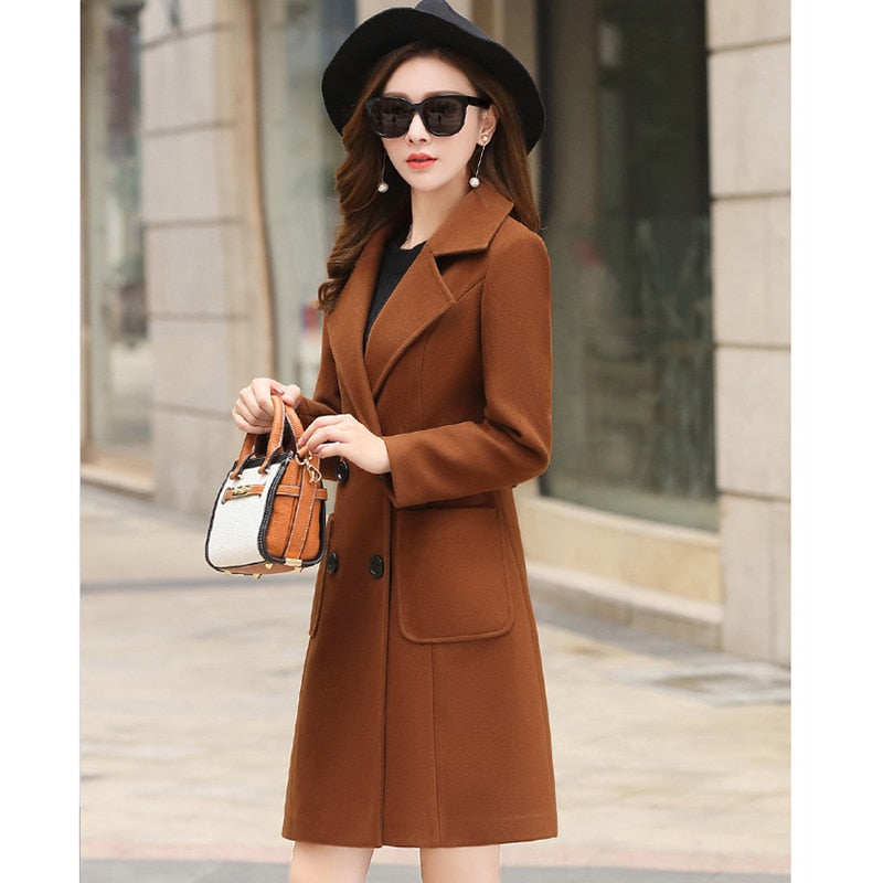 Woolen Coat Women Turn-Down Collar Double Breasted Coats Women 2021 Autumn Korean Slim Khaki Black Woolen Jacket Female LD1423