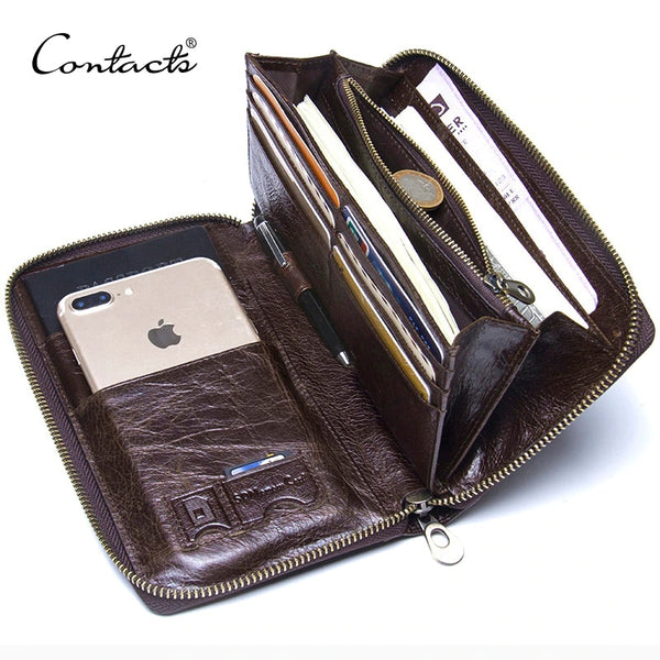 Genuine Leather Men Clutch Wallet  Brand Male Card Holder Long  Zipper Around Travel Purse With Passport Holder 6.5&quot; Phone Case