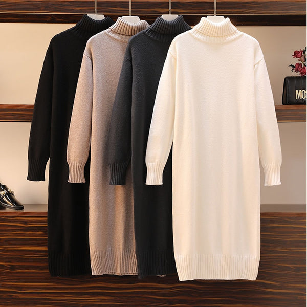 Knitted dress autumn and winter women&#39;s loose long sweater pullover turtleneck solid casual female