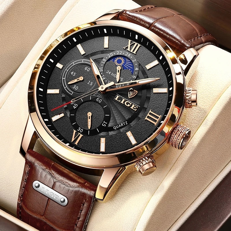 2022 New Mens Watches LIGE Top Brand Luxury Leather Casual Quartz Watch Men&