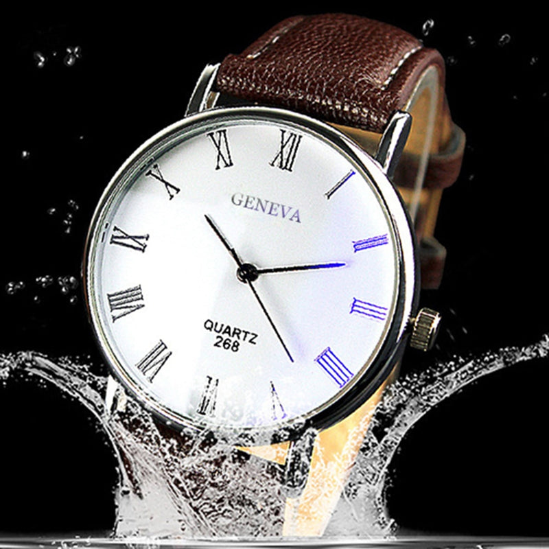 Men Watch Roman Numerals Blu-Ray Faux Leather Band Quartz Analog Business Wrist Watch