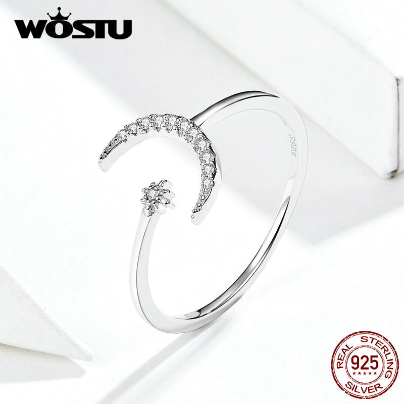 WOSTU Real 925 Sterling Silver Moon Wedding Opening Rings For Women Dazzling Zircon Adjustable Rings Fine Jewelry Gift CQR569