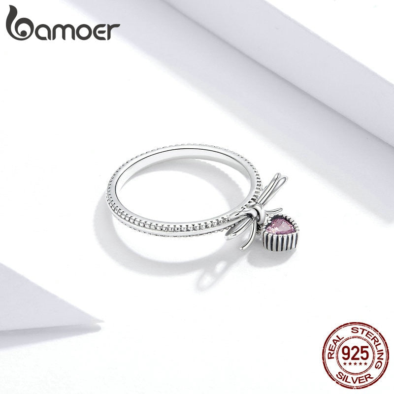 bamoer 925 Sterling Silver Gift with Bow Finger Rings for Women Vintage Retro Stackable Rings Band Silver Fine Jewelry SCR682