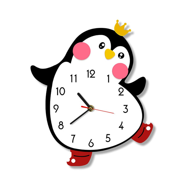 Cute Princess Girl Penguin Cartoon Wall Clock Silent Movement Nursery Bedroom Kids Room Wall Art Decor Color Printed Wall Watch