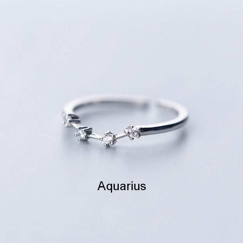 New Minimalist Inlaid Cubic Zircon 12 Constellation Zodiac Sign Rings for Women Simple Silver Color Adjustable Ring Jewelry Gift