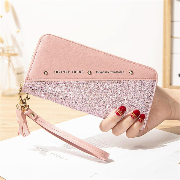 Sequins Patchwork Women&#39;s Pu Leather Long Wallets Glitter Fashion Zipper Coin Purse Female Large Capacity Card Holder Phone Bag