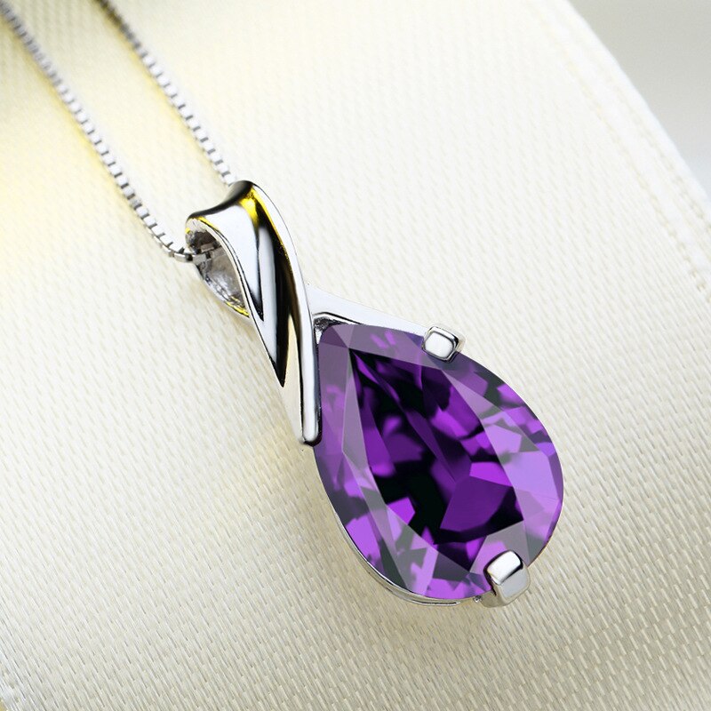 New S925 Sterling Silver Necklace Angel Tears Crystal Purple Pendant Necklace for Woman Charm Jewelry Gift