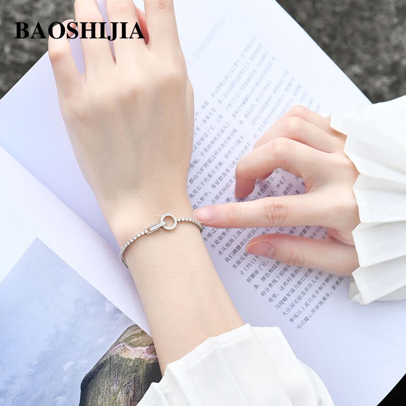 BAOSHIJIA Fashion Solid 18k White Gold Heart/Square/Round Diamonds Bracelet Luxurious Fine Jewelry Polish Shank Brilliant