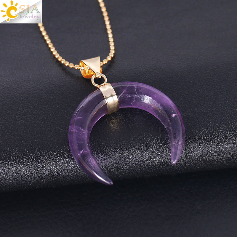 CSJA Natural Stones Crescent Moon Necklaces Pendants Purple Crystal Pink Quartz White Stone Gold Color Reiki Women F306