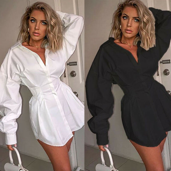 Women Long Sleeve Office Lady Women Deep v Femal Ladies Shirt Mani Dress Casual Flared Swing Skater Dress Beach Dress Elegant