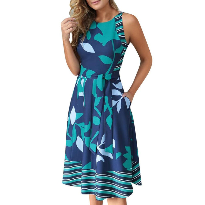 NEDEINS 2020 Women Summer Printed Dress O Neck Sleeveless Boho Sashes A Line Dress Casual Ladies Beach Dress Sexy Robe