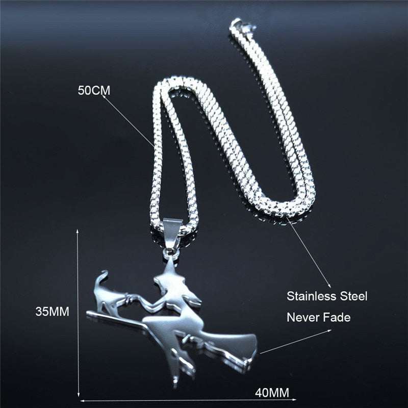 Witch Broom Cat Stainless Steel Necklace Women Witchcraft Silver Color Witches&