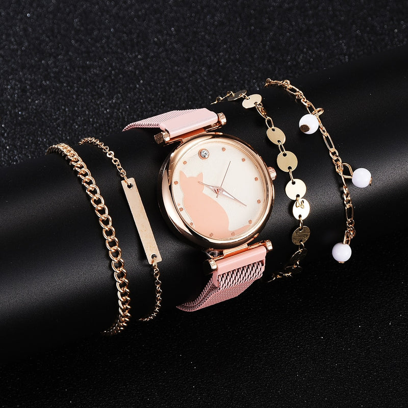 Fashion Watch Set Women 5pcs Quartz Wristwatch Mesh Bracelet Cat Dial Luxury Woman Watch Casual Ladies Clock Relogio Femenino