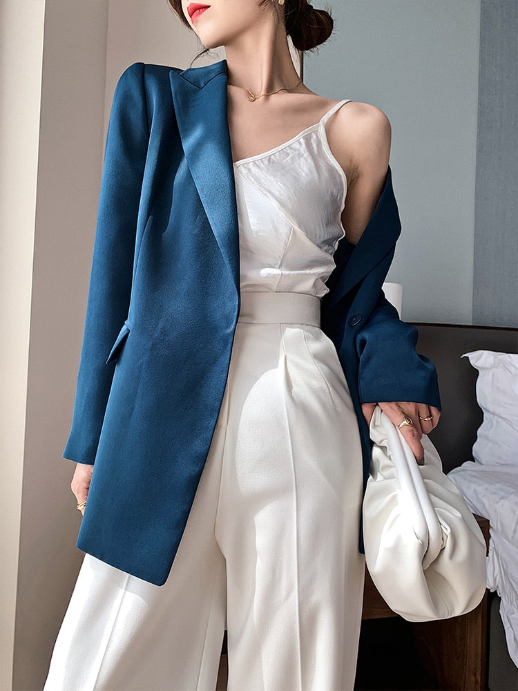 Blue Blazer for Women 2022 Spring Autumn Trendy Korean Style Luxury Satin Suit Jacket OL Work Coat Female Outerwear