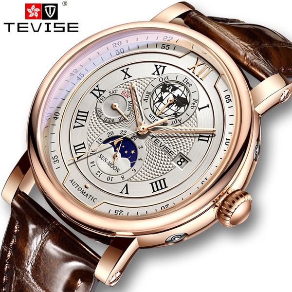 2022 TEVISE Business Waterproof Mens Mechanical Watches Top Brand Luxury Leather Watch For Men Moon Phase Automatic Wristwatch