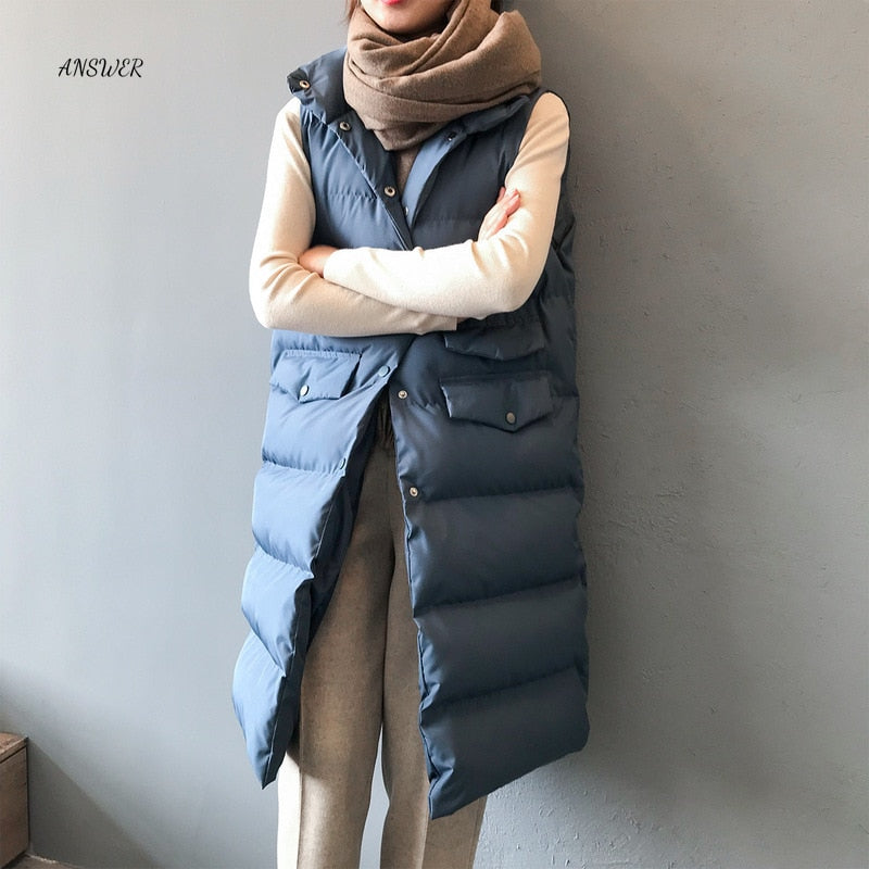 Autumn Winter Cotton Vest Women Ladies Casual Waistcoat Female Sleeveless Long Vest Jacket Slim Fit Warm Puffer Coat