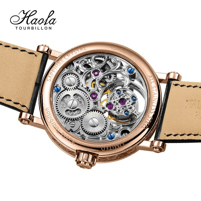 Haofa Skeleton GMT Tourbillon Movement Mens Watch Sapphire Mechancial Tourbillon Wristwatches Day And Night Moonphase Watch 1601